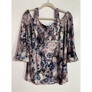 Cocomo Popover Top 1X Pink Floral Artsy Pleated Roll Tab Cold Shoulder Vacation